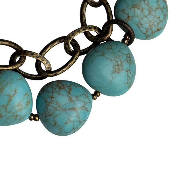 Turquoise Beaded Statement Necklace Antique Brass Chain Women's Adjustable Boho - Picture 5 of 11